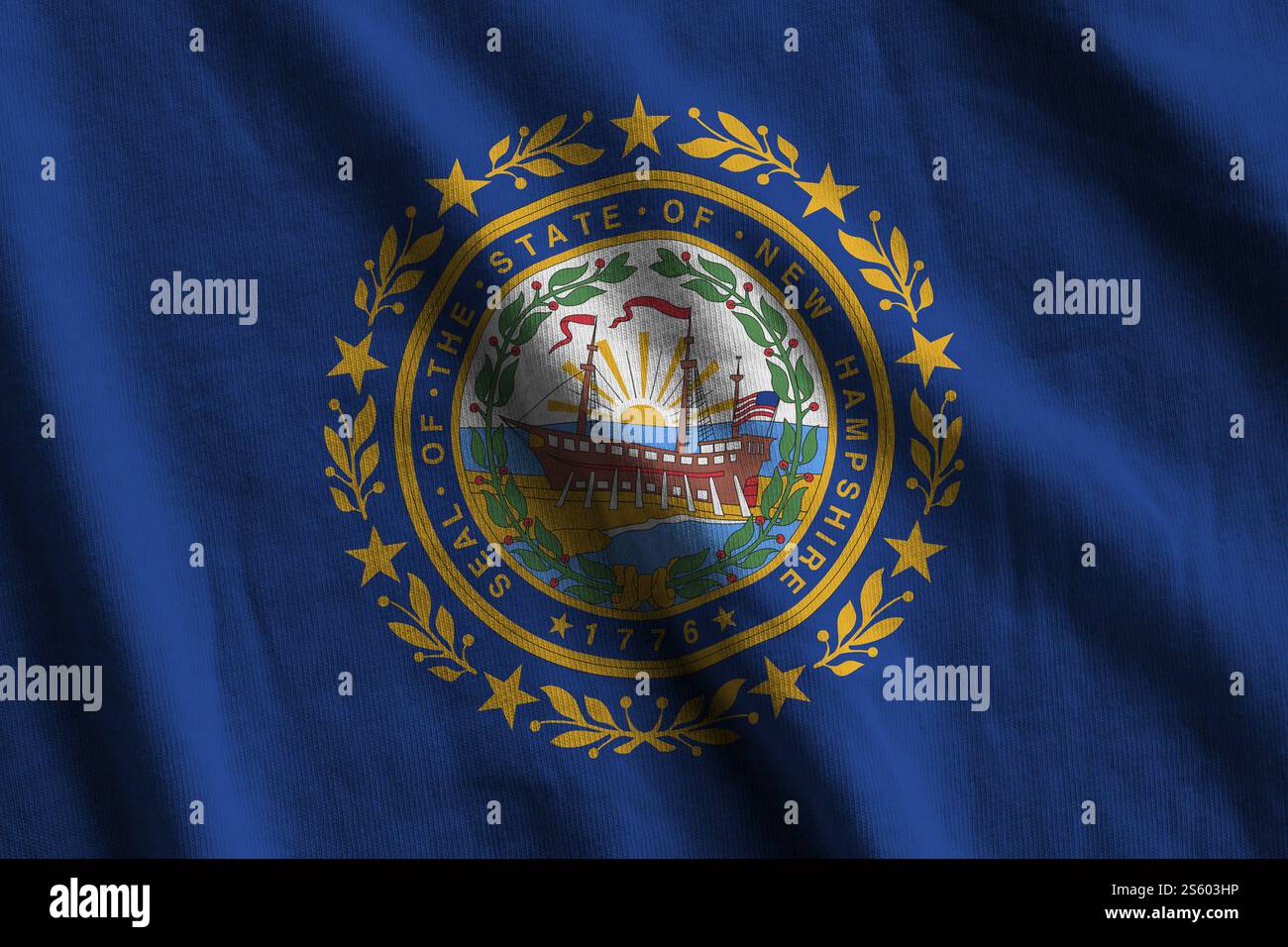 New Hampshire US state flag with big folds waving close up under the ...