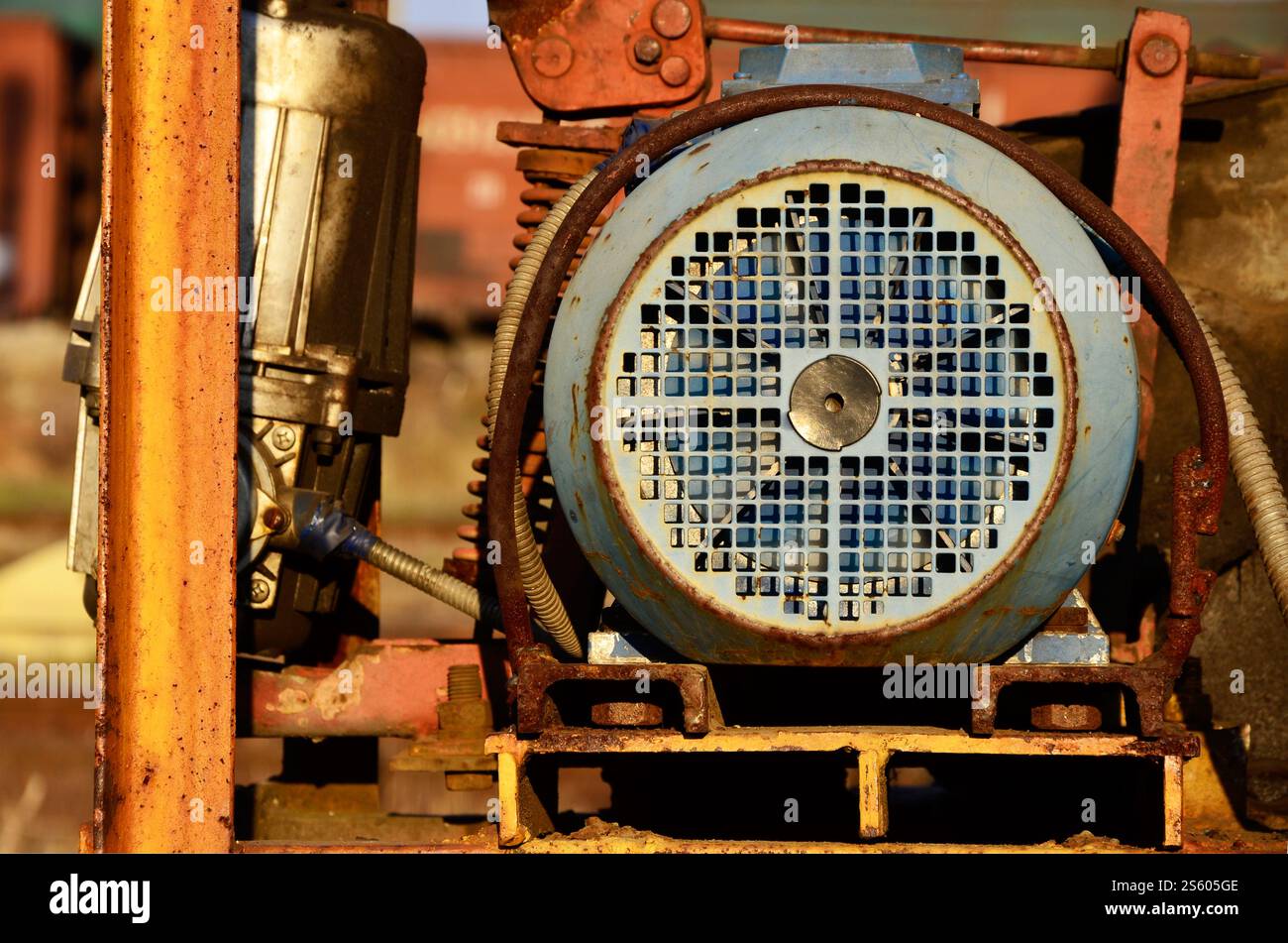 Old and rusty ventilation mechanism from the railway crane Stock Photo