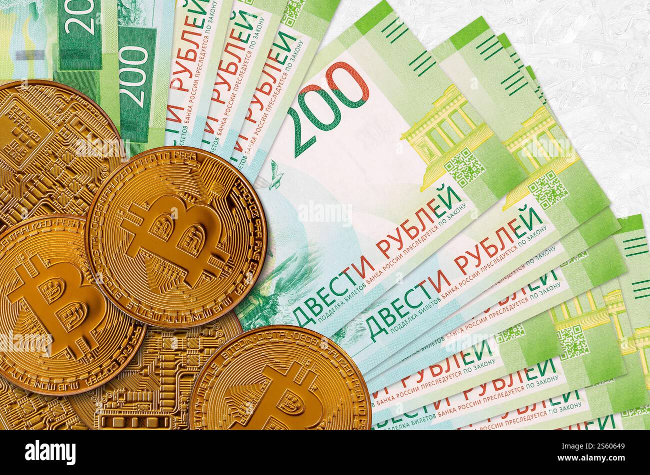 bitcoin cryptocurrency with russian rubles money, five thousand banknotes  closeup Stock Photo - Alamy
