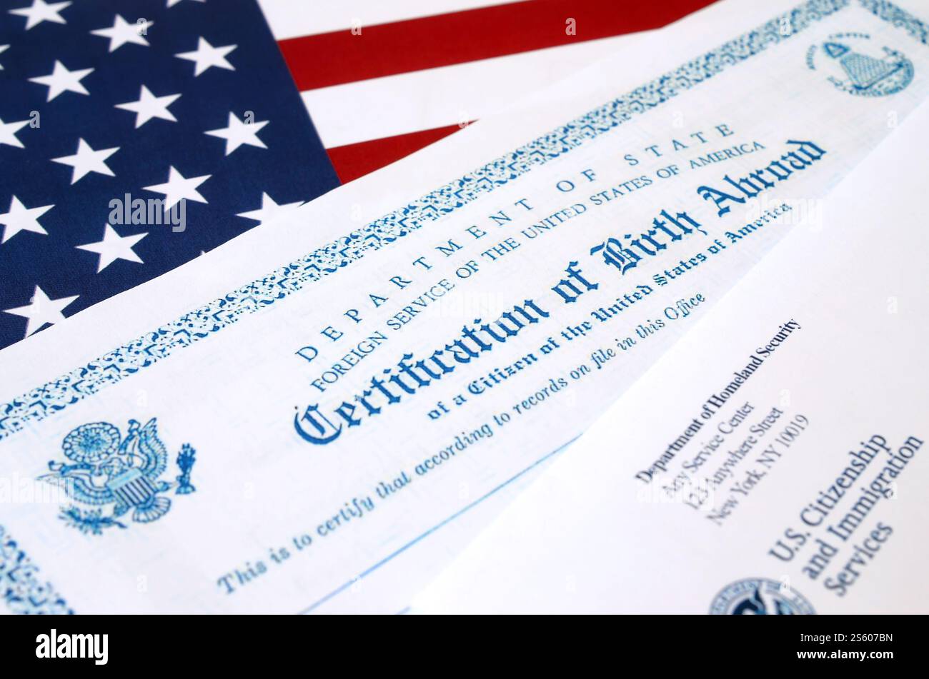 Fs-545 Certification of birth abroad lies on United States flag with ...