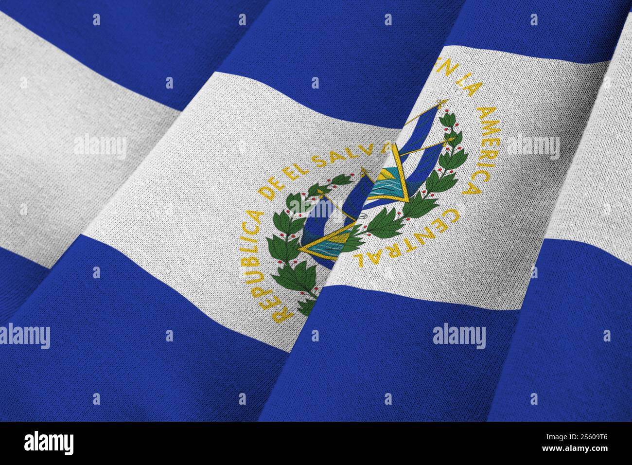 El Salvador Flag With Big Folds Waving Close Up Under The Studio Light el-salvador-flag-with-big-folds-waving-close-up-under-the-studio-light