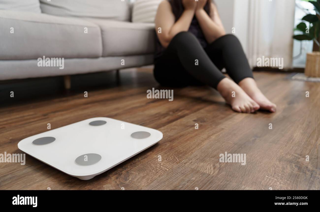 Weight Scale Photo Fail Sad obese woman with fat upset bored of dieting Weight loss fail Fat ...