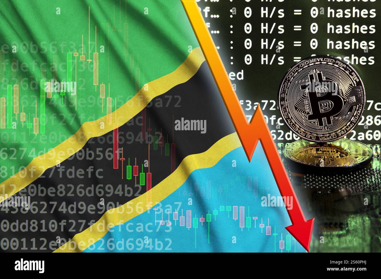 Tanzania flag and falling red arrow on bitcoin mining screen and two  physical golden bitcoins. Concept of low conversion in cryptocurrency  mining Stock Photo - Alamy