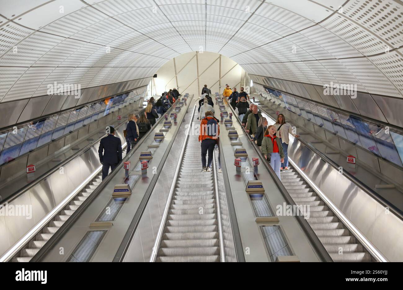 Escalators down to the new Elizabeth Line platforms at Whitechapel Station, London, UK Stock Photo