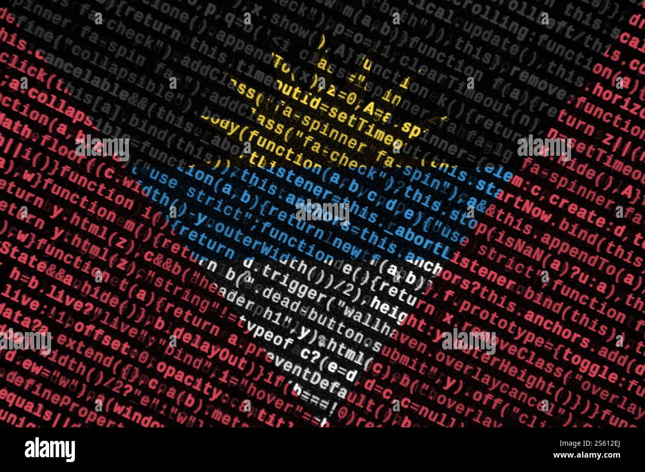 Antigua and Barbuda flag is depicted on the screen with the program code. The concept of modern technology and site development. Antigua and Barbuda Stock Photo