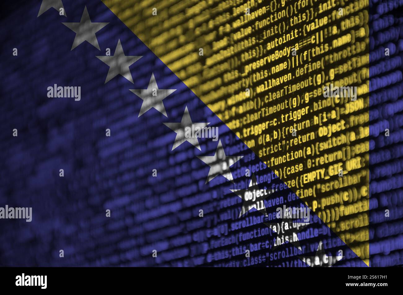 Bosnia and Herzegovina flag is depicted on the screen with the program code. The concept of modern technology and site development. Bosnia and Stock Photo