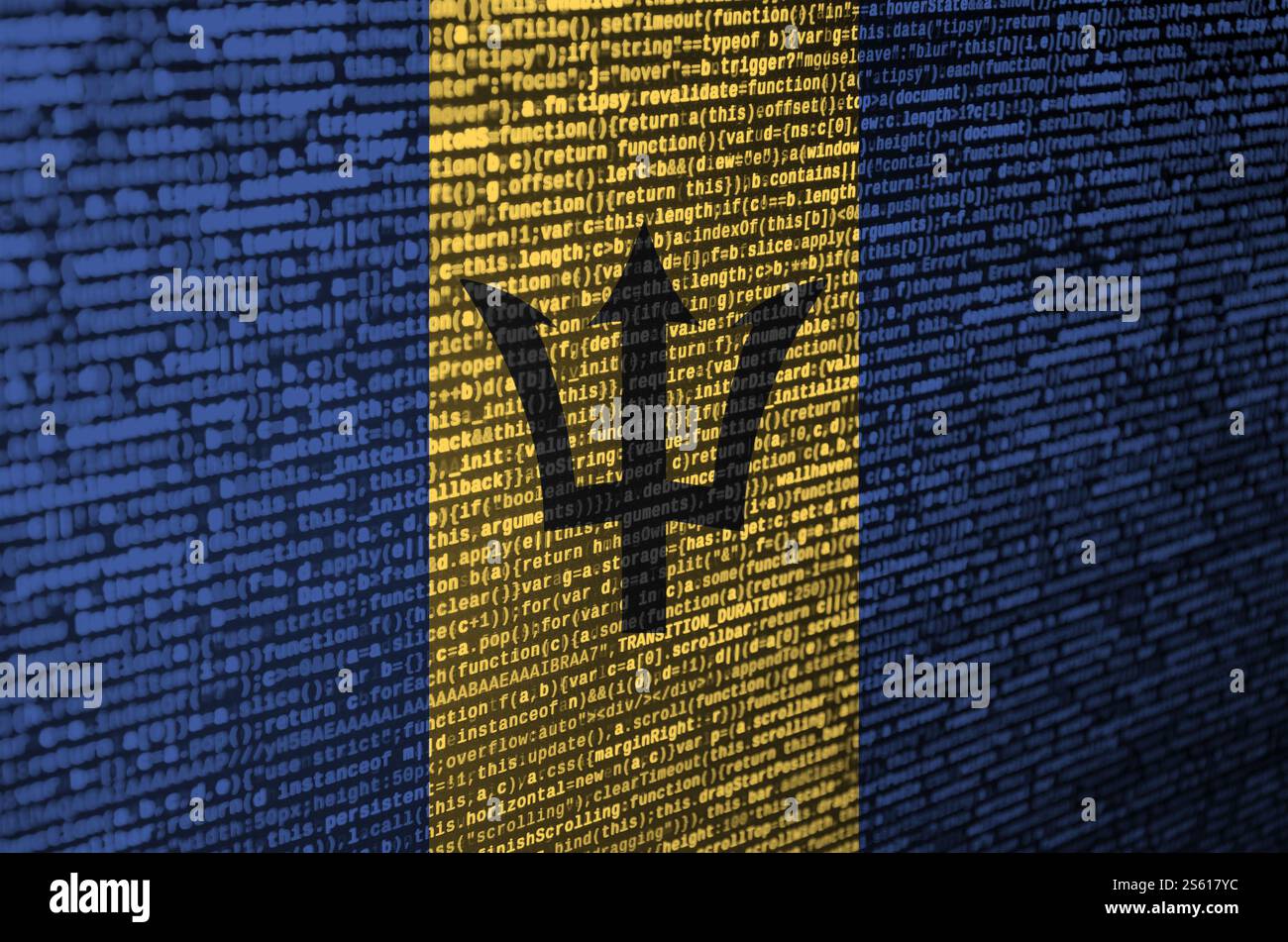 Barbados flag is depicted on the screen with the program code. The concept of modern technology and site development. Barbados flag is depicted on Stock Photo