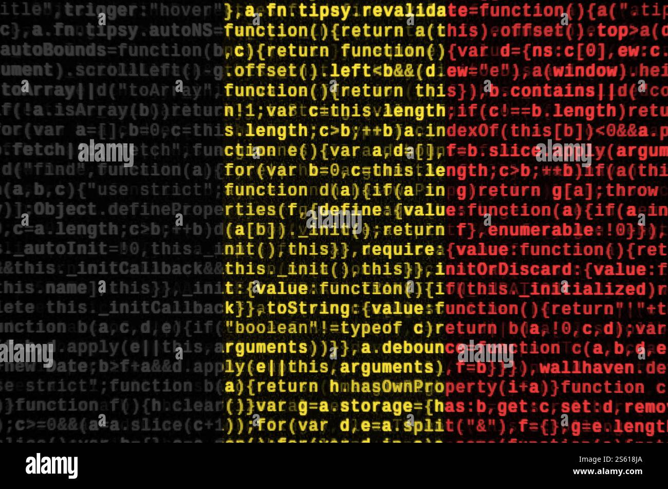 Belgium flag is depicted on the screen with the program code. The concept of modern technology and site development. Belgium flag is depicted on the Stock Photo