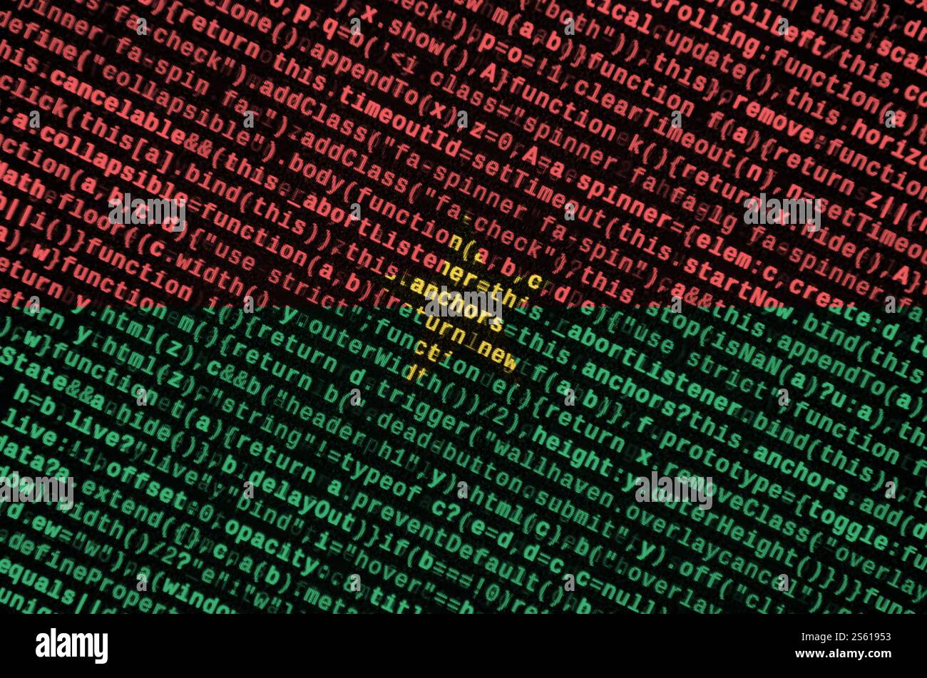 Burkina Faso flag is depicted on the screen with the program code. The concept of modern technology and site development. Burkina Faso flag is Stock Photo