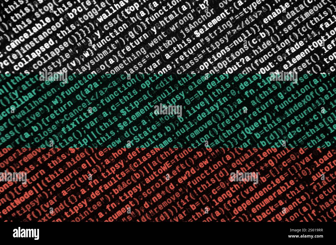 Bulgaria flag is depicted on the screen with the program code. The concept of modern technology and site development. Bulgaria flag is depicted on Stock Photo
