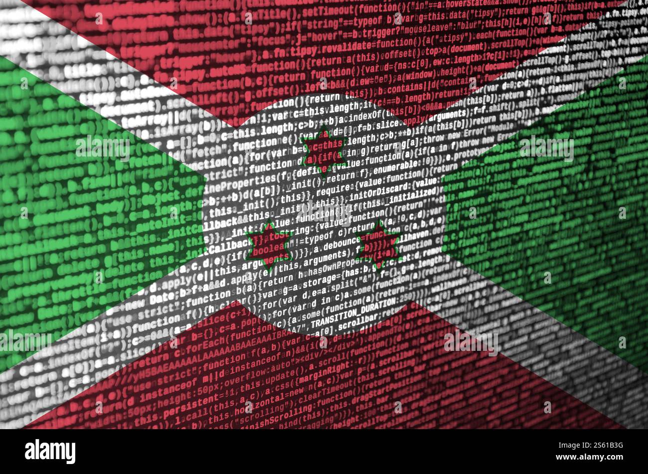 Burundi flag is depicted on the screen with the program code. The concept of modern technology and site development. Burundi flag is depicted on the Stock Photo