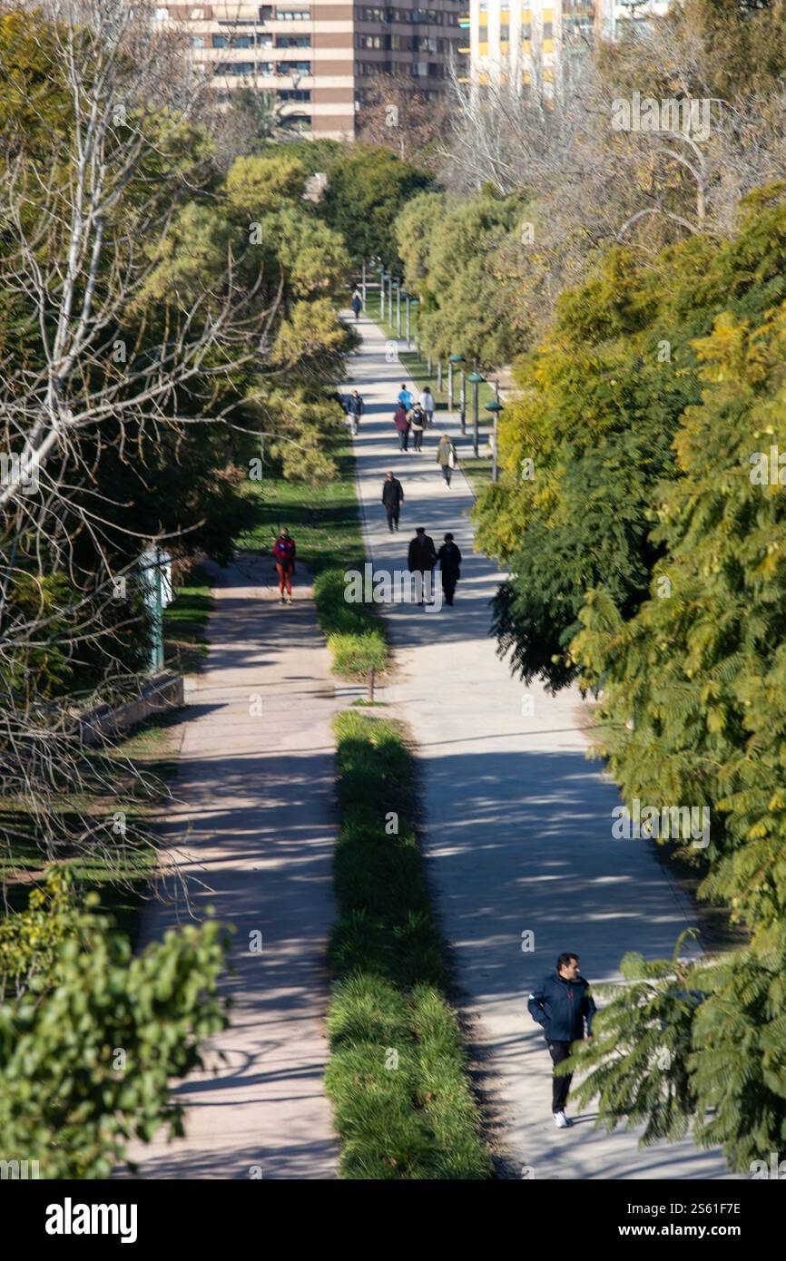 Valencia, Spain, January 15, 2025. People in Turia grden, The Turia Garden in Valencia is approximately 9 kilometers long and covers an area of around 110 hectares, making it one of the largest urban parks in Spain This year Forbes magazine has declared Valencia the best city in the world to retire. Credit: Eduard Ripoll. Stock Photo