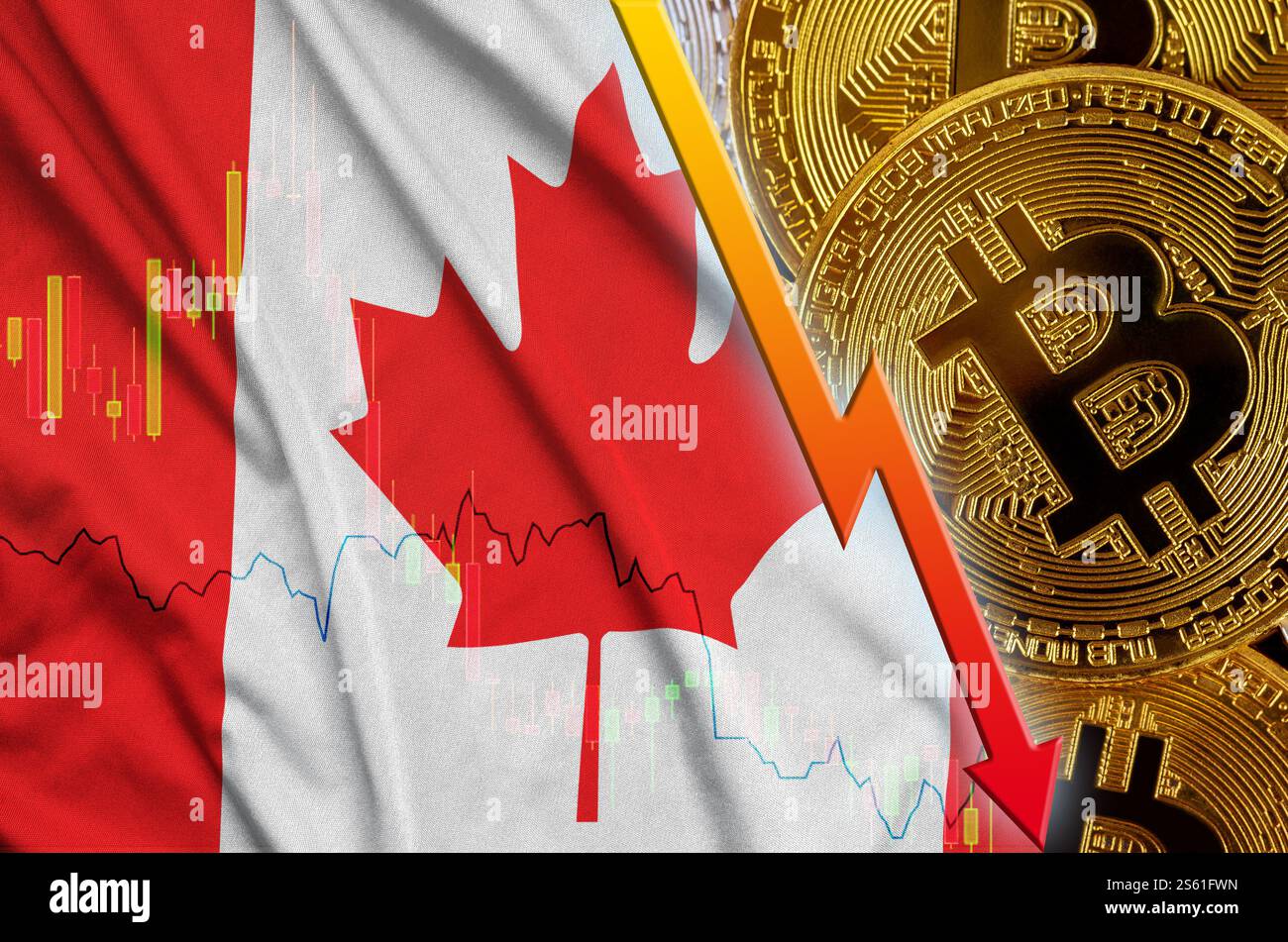 Canada flag and cryptocurrency falling trend with two bitcoins on dollar  bills. Concept of depreciation Bitcoin in price against the dollar Stock  Photo - Alamy