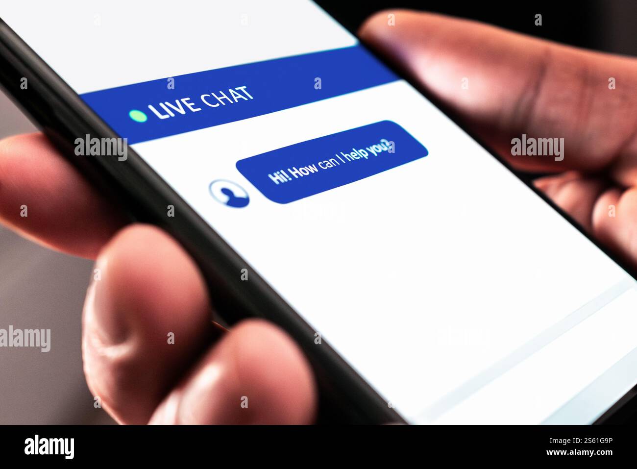 Live customer chat or chatbot service. Support bot for online help on website. Automated message in mobile phone. Assistant and communication app. Stock Photo