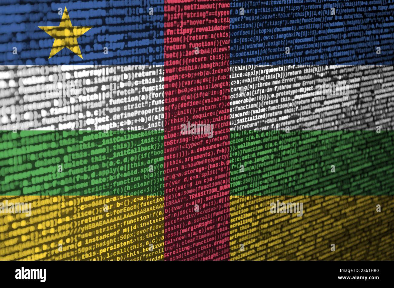 Central African Republic flag is depicted on the screen with the program code. The concept of modern technology and site development. Central African Stock Photo
