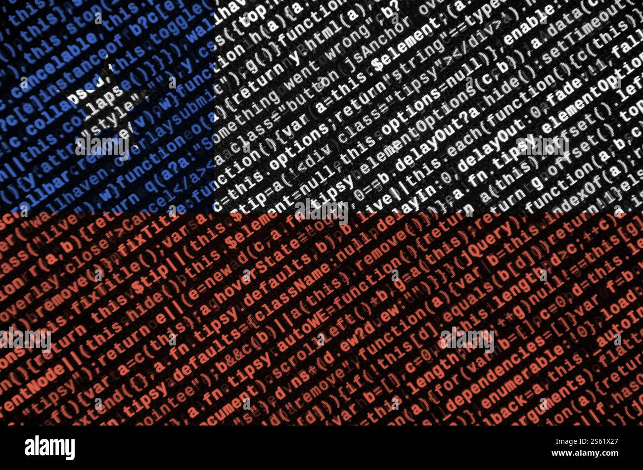 Chile flag is depicted on the screen with the program code. The concept of modern technology and site development. Chile flag is depicted on the Stock Photo