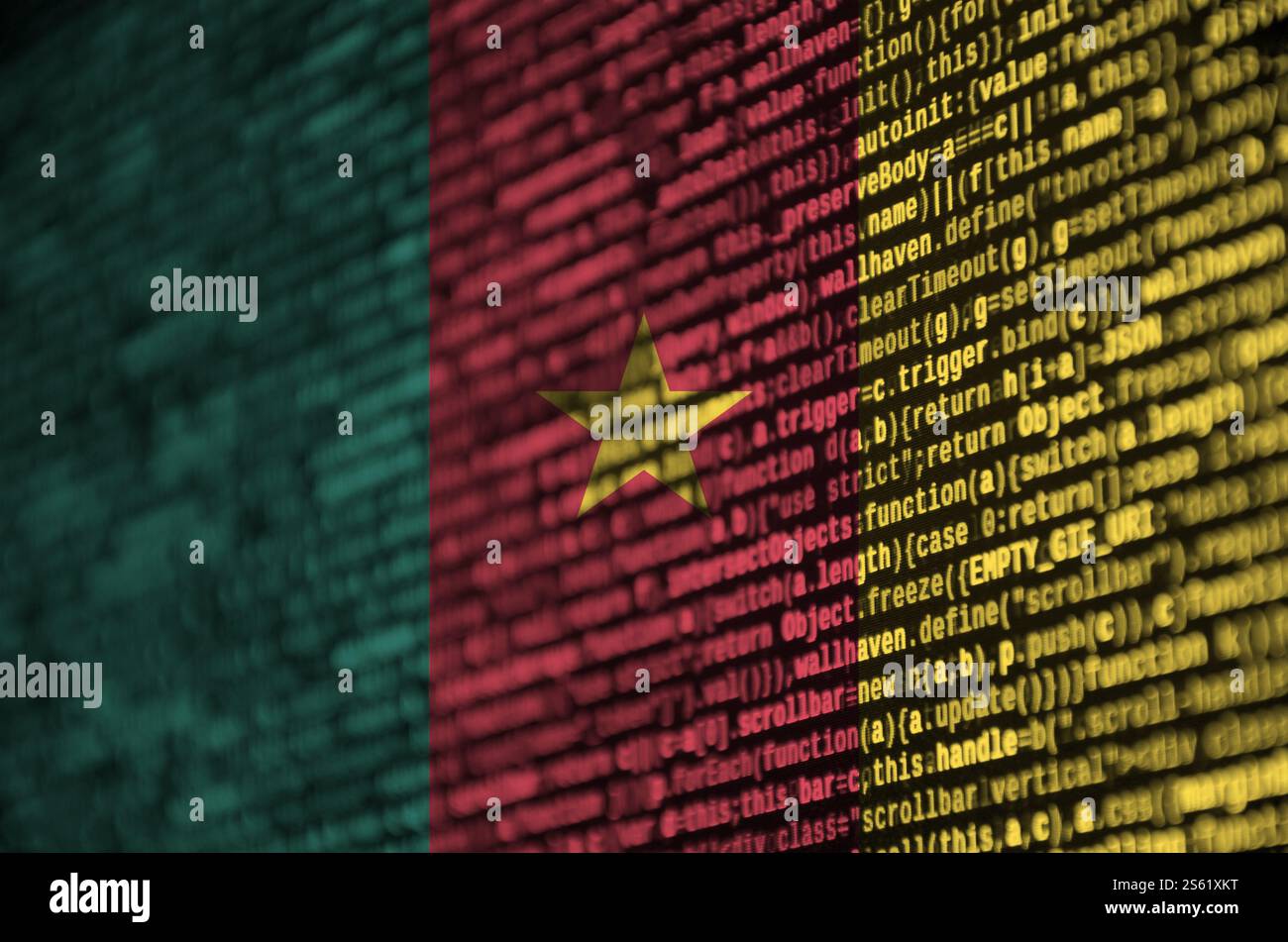 Cameroon flag is depicted on the screen with the program code. The concept of modern technology and site development. Cameroon flag is depicted on Stock Photo