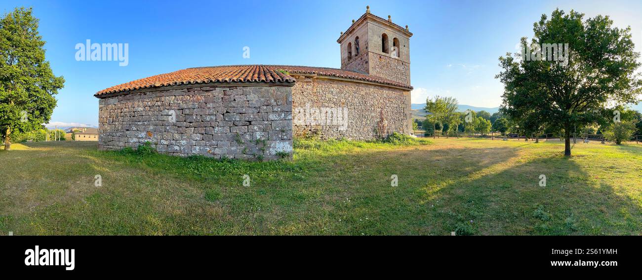 Romanesque church, panoramic view. Villacantid, Cantabria, Spain. - Smartphone Captured Stock Image