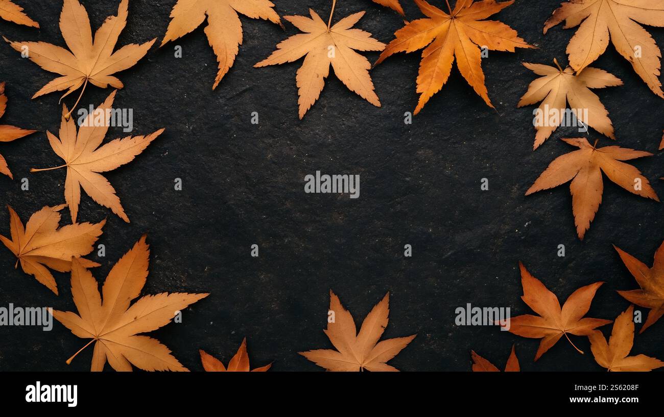 Golden autumn leaves scattered across the ground in a random,natural ...