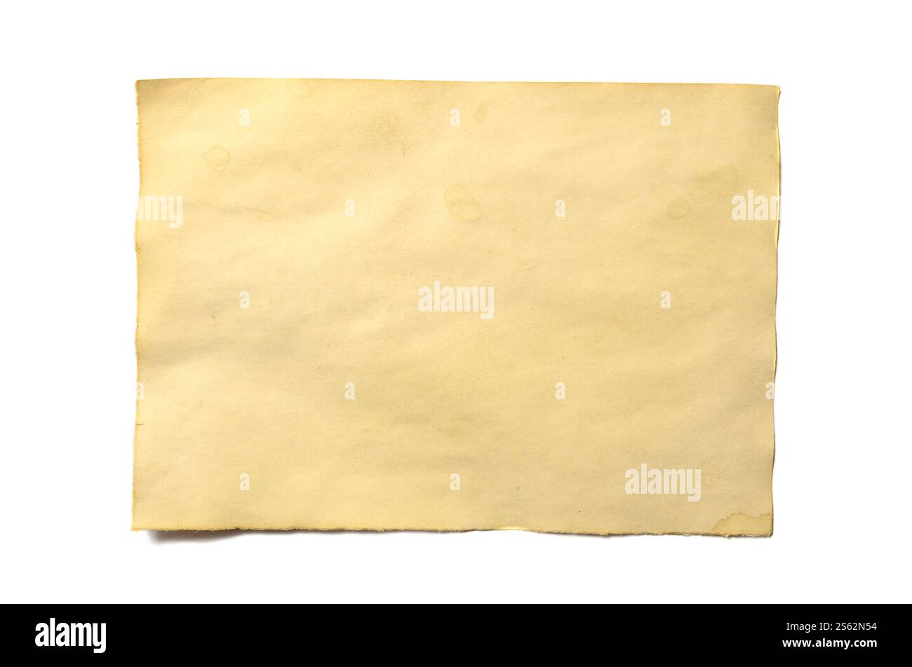 Old blank piece of antique vintage crumbling paper manuscript or parchment horizontally oriented isolated on white. Old blank piece of antique Stock Photo