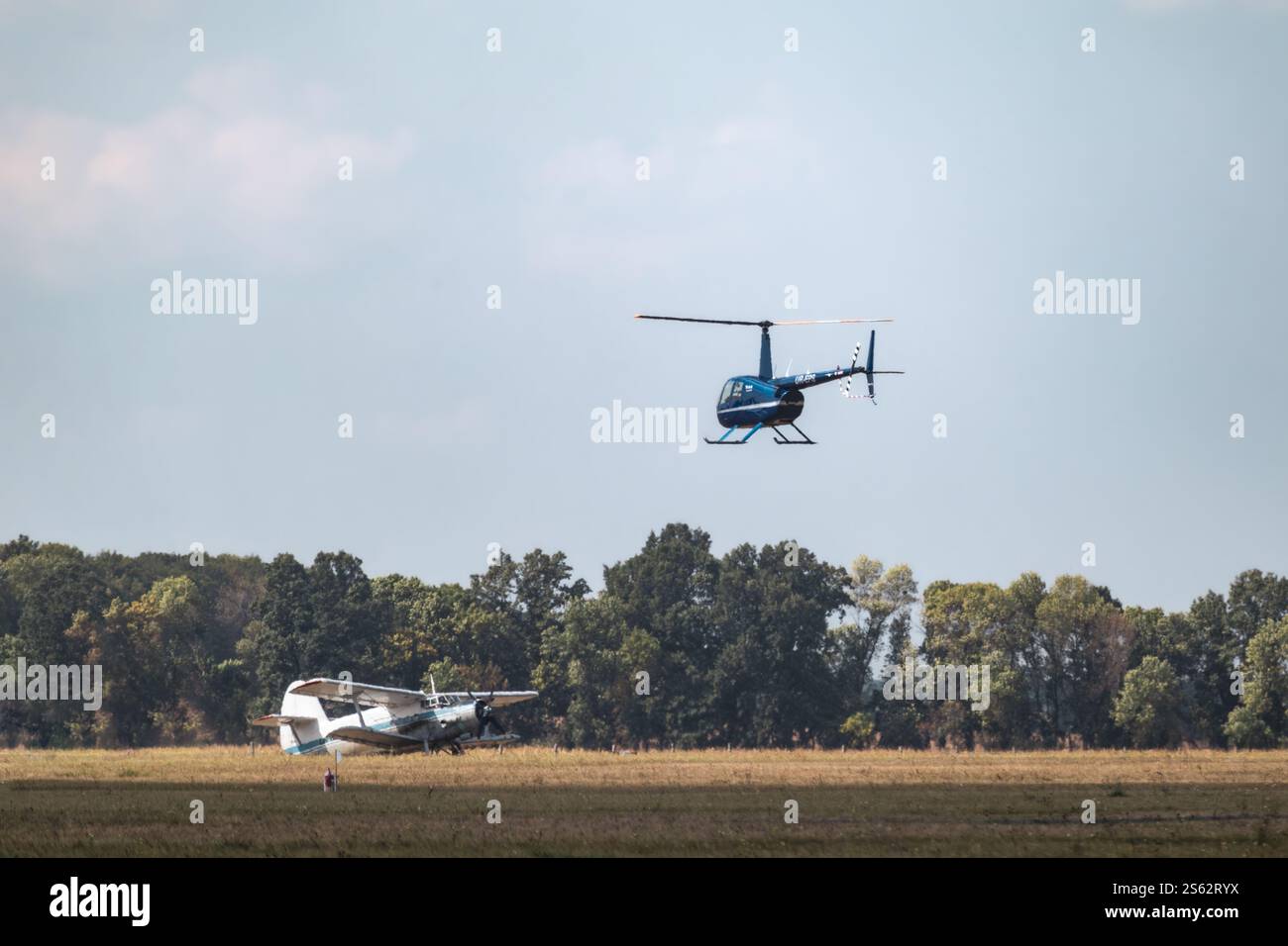 Blue Helicopter Robinson R44 Raven 1 flying above trees in blue sky on ...