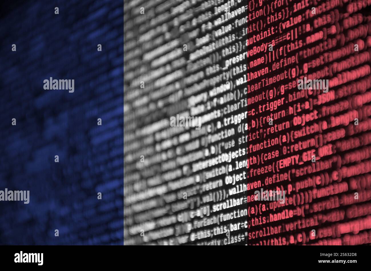 France flag is depicted on the screen with the program code. The concept of modern technology and site development. France flag is depicted on the Stock Photo