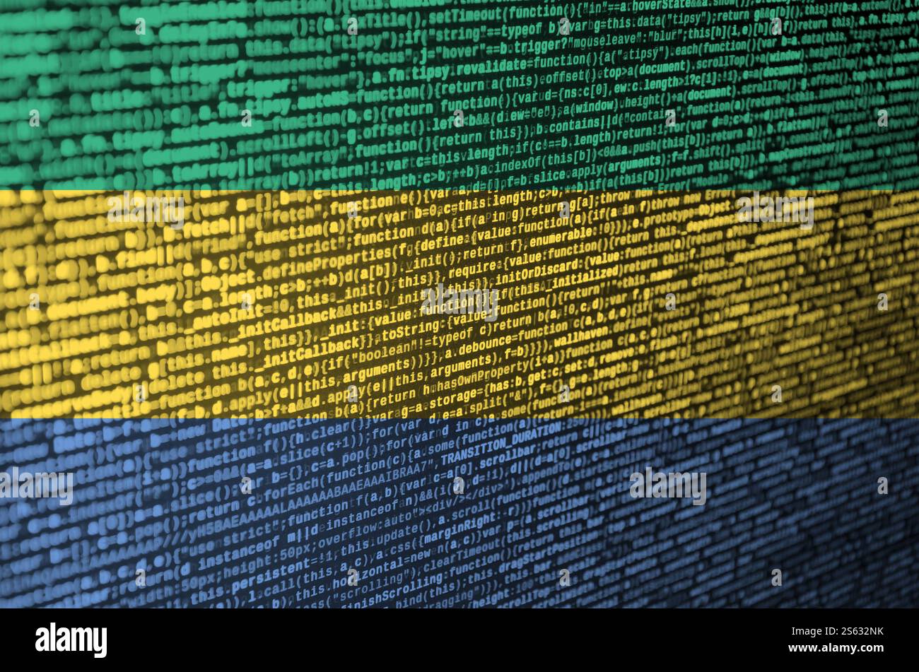 Gabon flag is depicted on the screen with the program code. The concept of modern technology and site development. Gabon flag is depicted on the Stock Photo