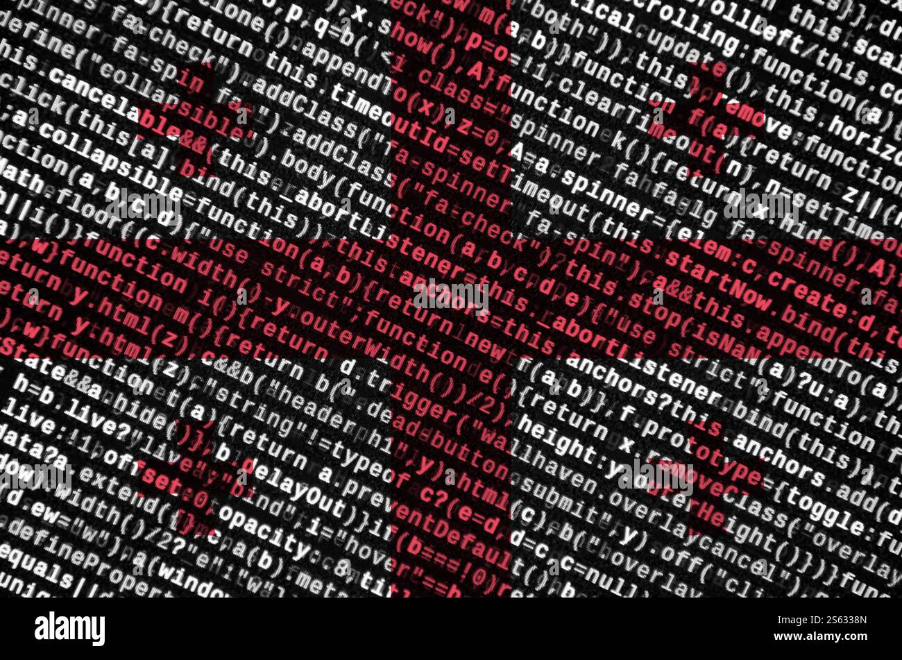 Georgia flag is depicted on the screen with the program code. The concept of modern technology and site development. Georgia flag is depicted on the Stock Photo