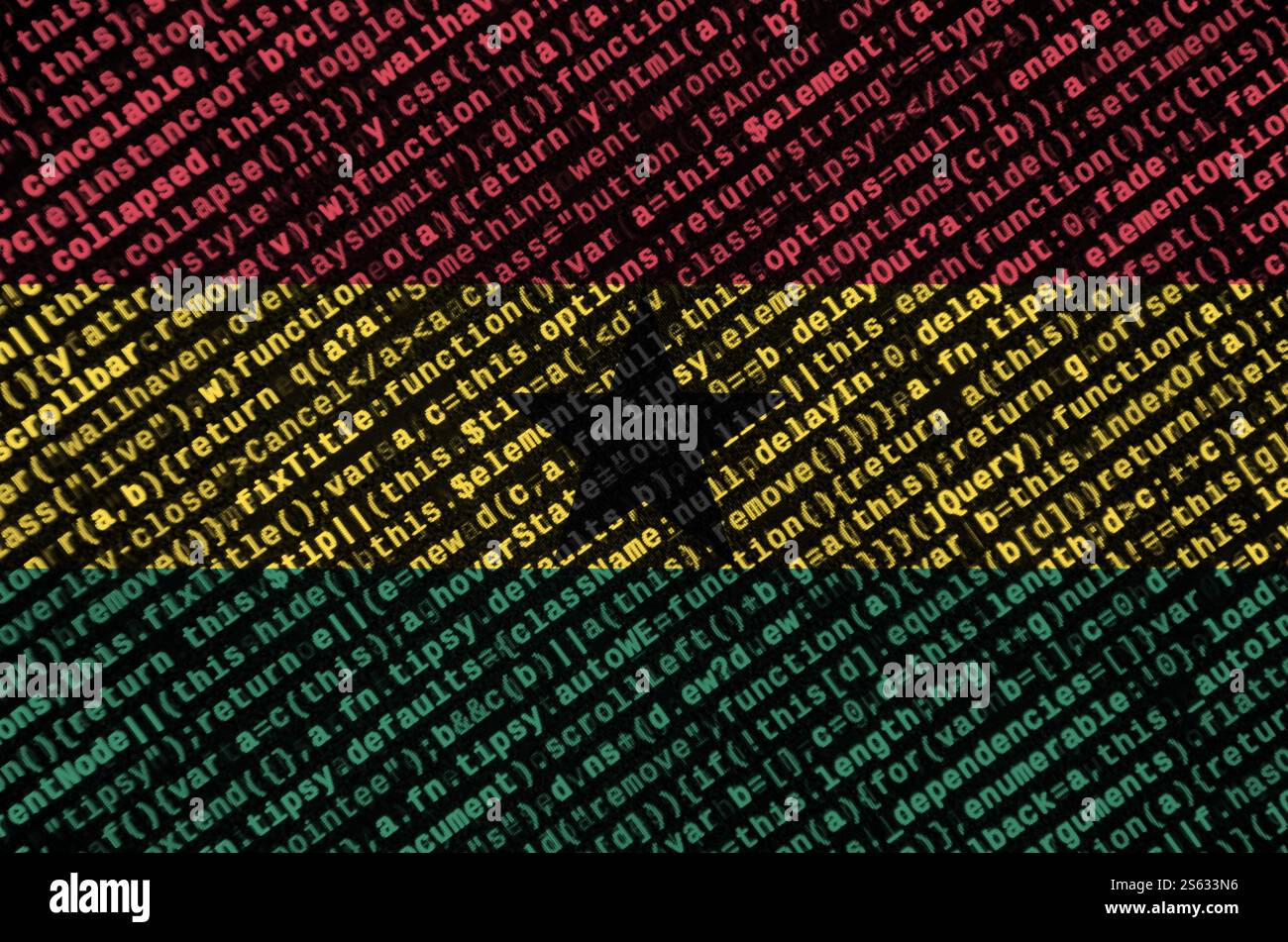 Ghana flag is depicted on the screen with the program code. The concept of modern technology and site development. Ghana flag is depicted on the Stock Photo