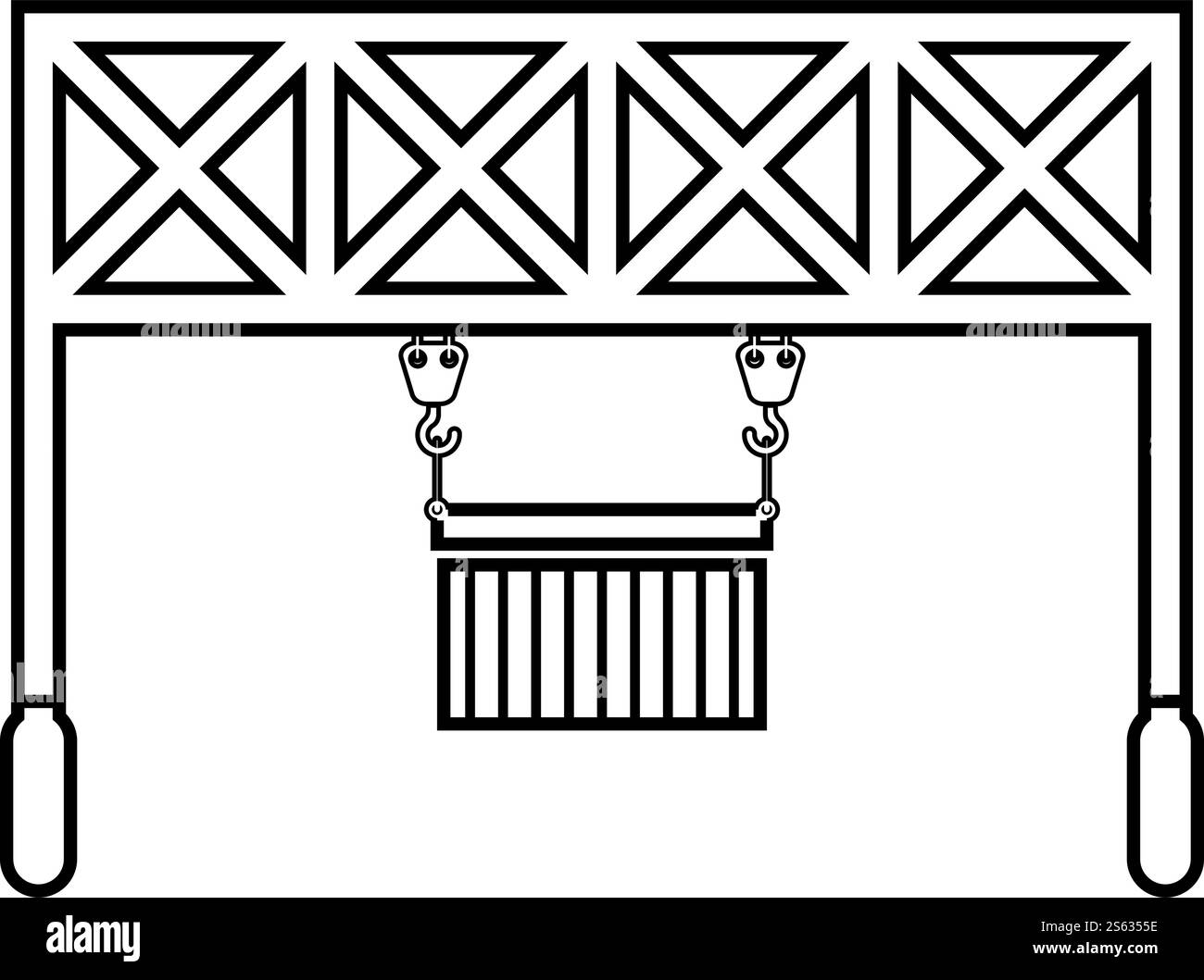 Port loader Railway crane with cargo container Lifting goods Logistic technology Terminal service icon outline black color vector illustration flat style simple image. Port loader Railway crane with cargo container Lifting goods Logistic technology Terminal service icon outline black color vector illustration flat style image Stock Vector