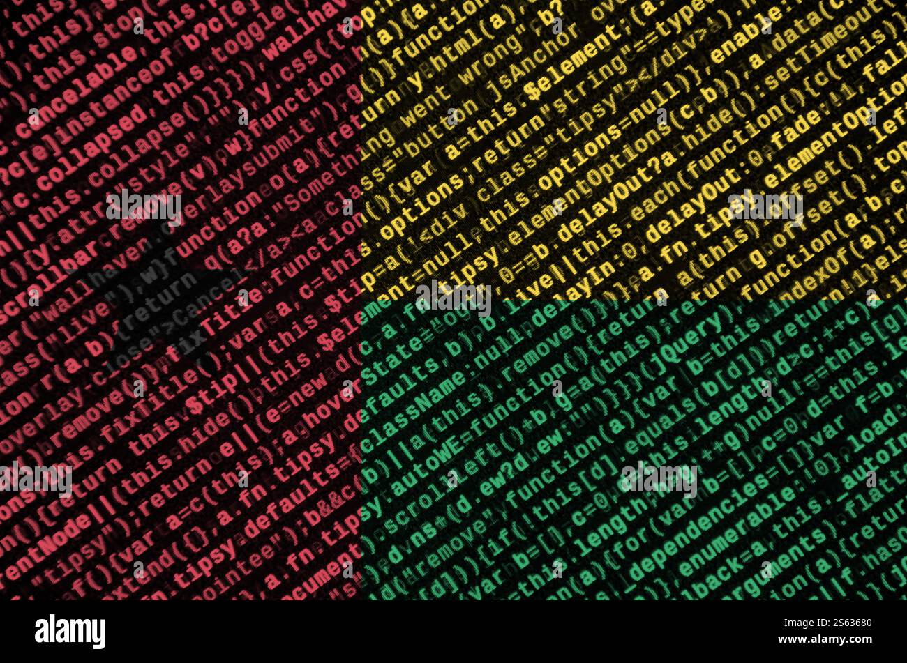 Guinea Bissau flag is depicted on the screen with the program code. The concept of modern technology and site development. Guinea Bissau flag is Stock Photo