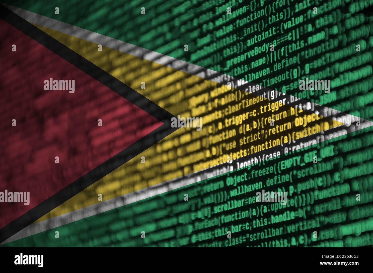 Guyana flag is depicted on the screen with the program code. The concept of modern technology and site development. Guyana flag is depicted on the Stock Photo