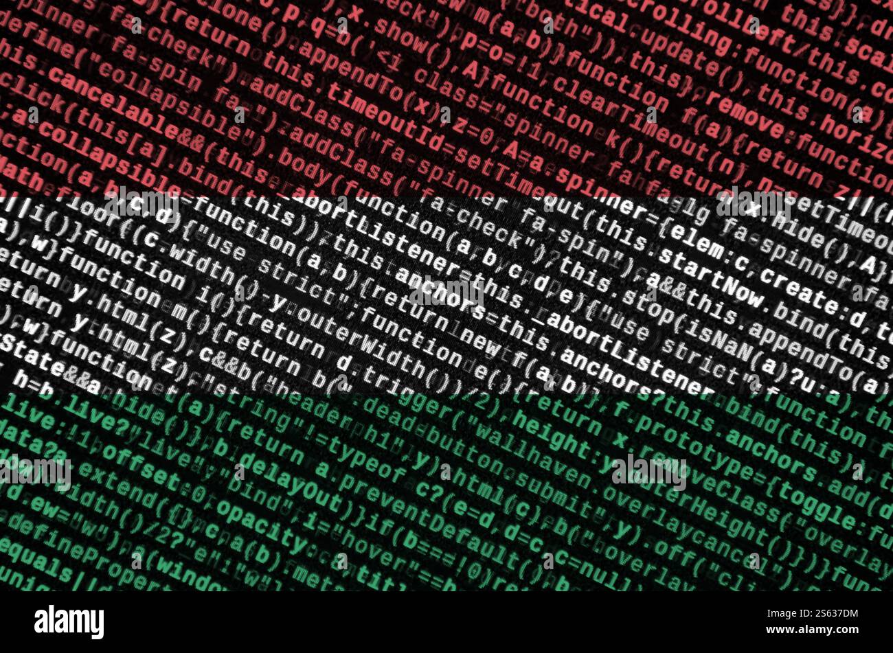 Hungary flag is depicted on the screen with the program code. The concept of modern technology and site development. Hungary flag is depicted on the Stock Photo