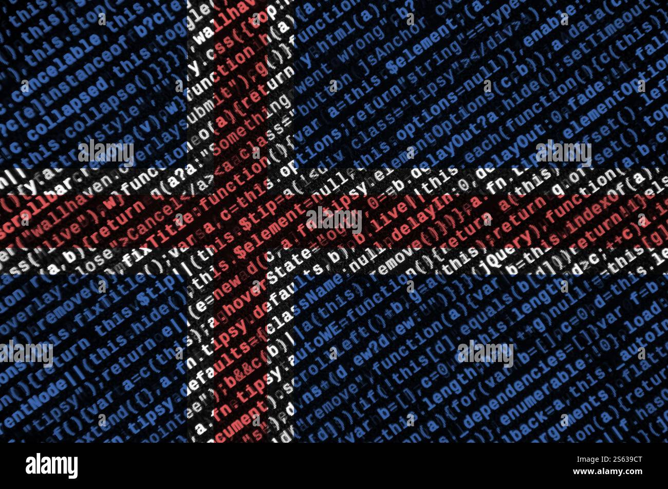 Iceland flag is depicted on the screen with the program code. The concept of modern technology and site development. Iceland flag is depicted on the Stock Photo