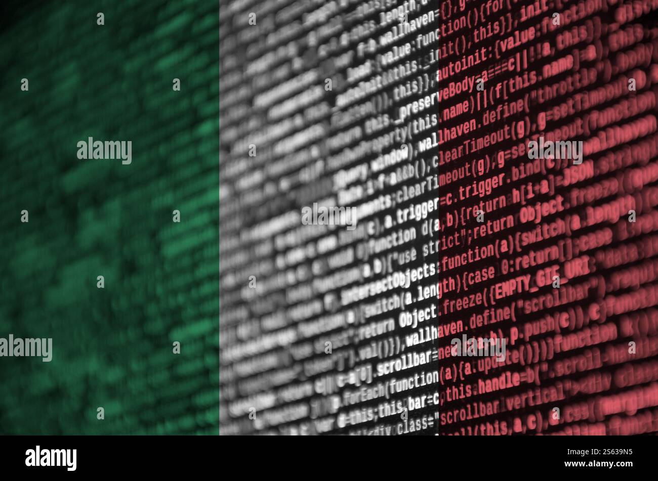 Italy flag is depicted on the screen with the program code. The concept of modern technology and site development. Italy flag is depicted on the Stock Photo