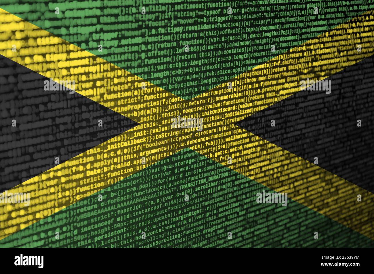 Jamaica flag is depicted on the screen with the program code. The concept of modern technology and site development. Jamaica flag is depicted on the Stock Photo