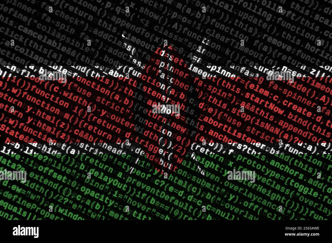 Kenya flag is depicted on the screen with the program code. The concept of modern technology and site development. Kenya flag is depicted on the Stock Photo