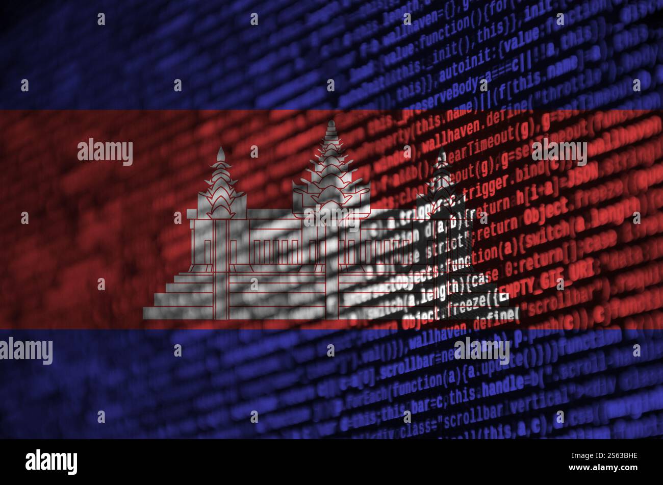 Cambodia flag is depicted on the screen with the program code. The concept of modern technology and site development. Cambodia flag is depicted on Stock Photo