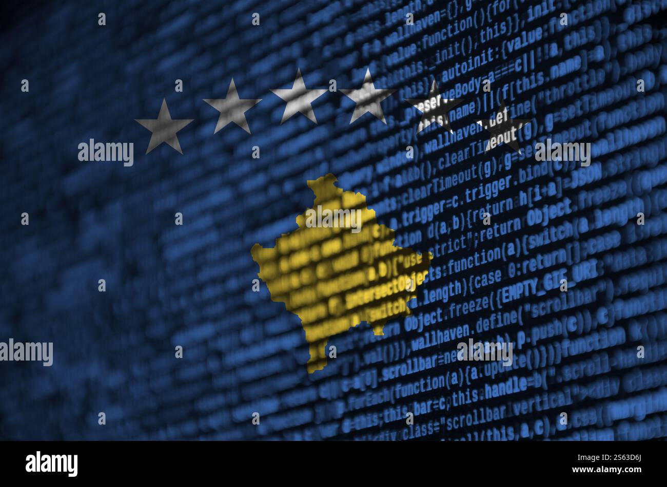 Kosovo flag is depicted on the screen with the program code. The concept of modern technology and site development. Kosovo flag is depicted on the Stock Photo