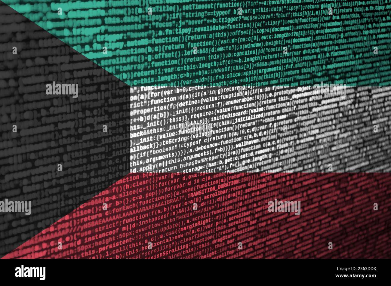 Kuwait flag is depicted on the screen with the program code. The concept of modern technology and site development. Kuwait flag is depicted on the Stock Photo