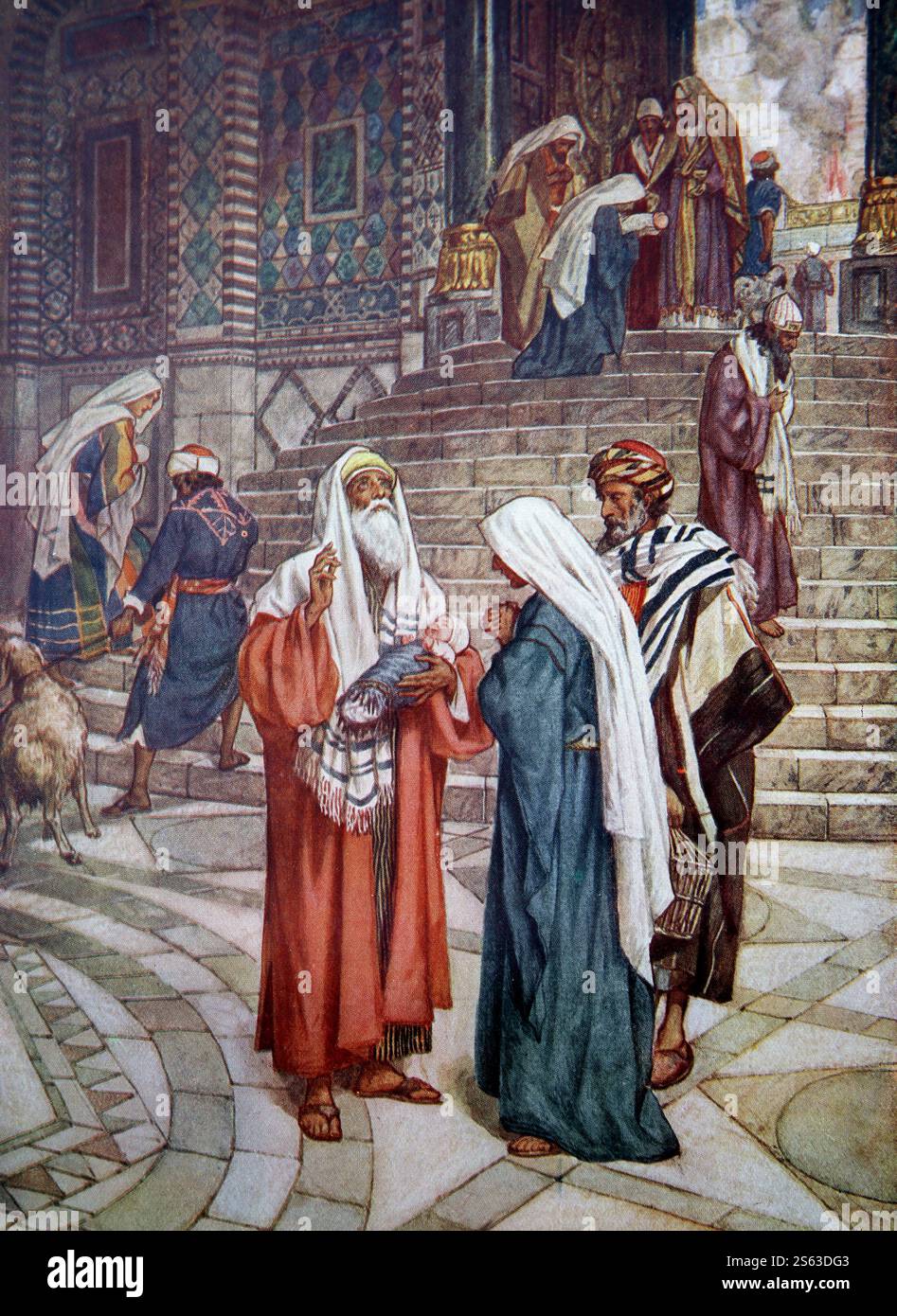 Colour Plate of The Presentation of the Baby Jesus to Simeon at The Temple of Jerusalem (Luke ) from the 1906-10 The Life of Jesus of Nazareth portray Stock Photo