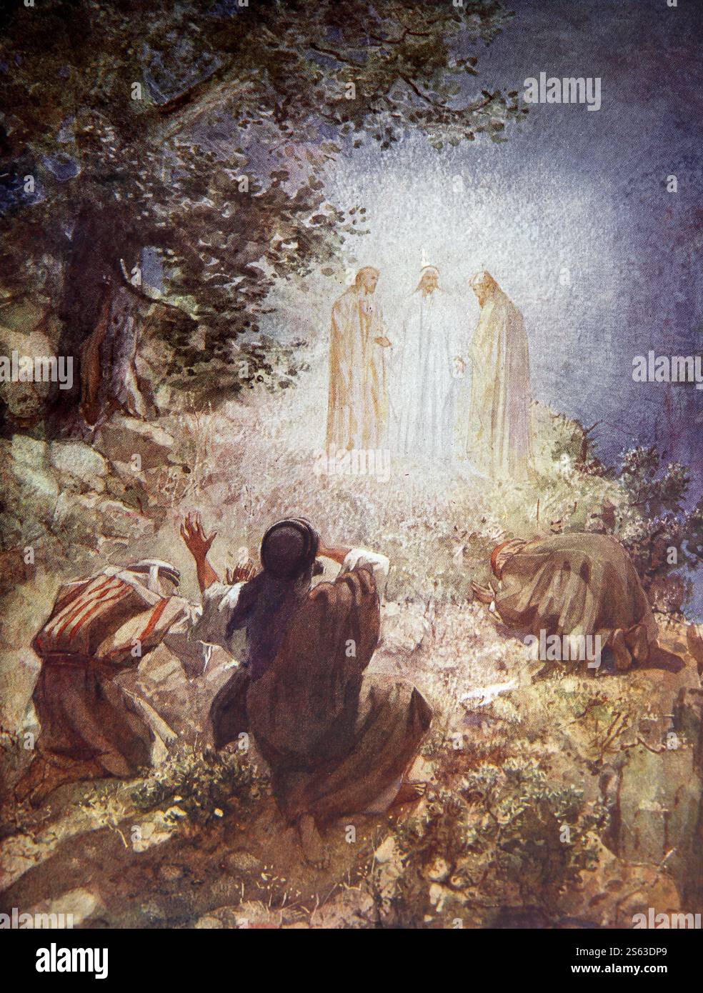 Colour Plate of the Transfiguration of Jesus Christ and Old Testament Figures Moses and Elijah came to Speak to him  from the 1906-10 The Life of Jesu Stock Photo