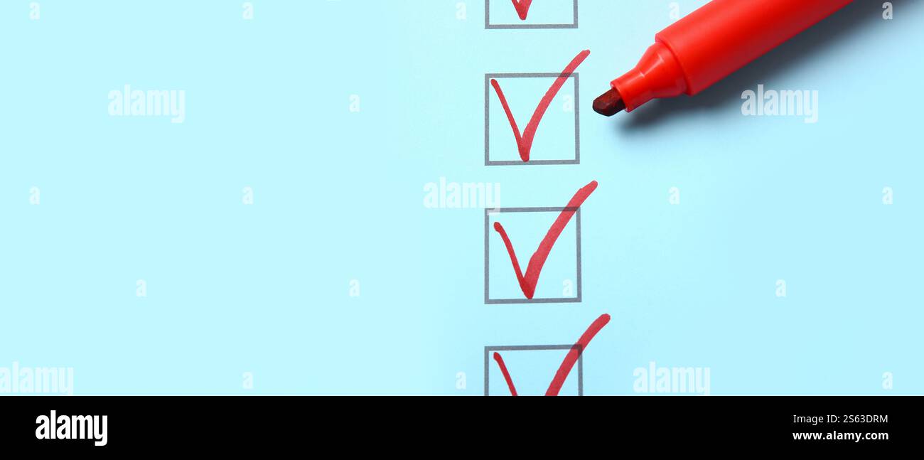 Checklist and red marker on blue background. Banner for design Stock ...