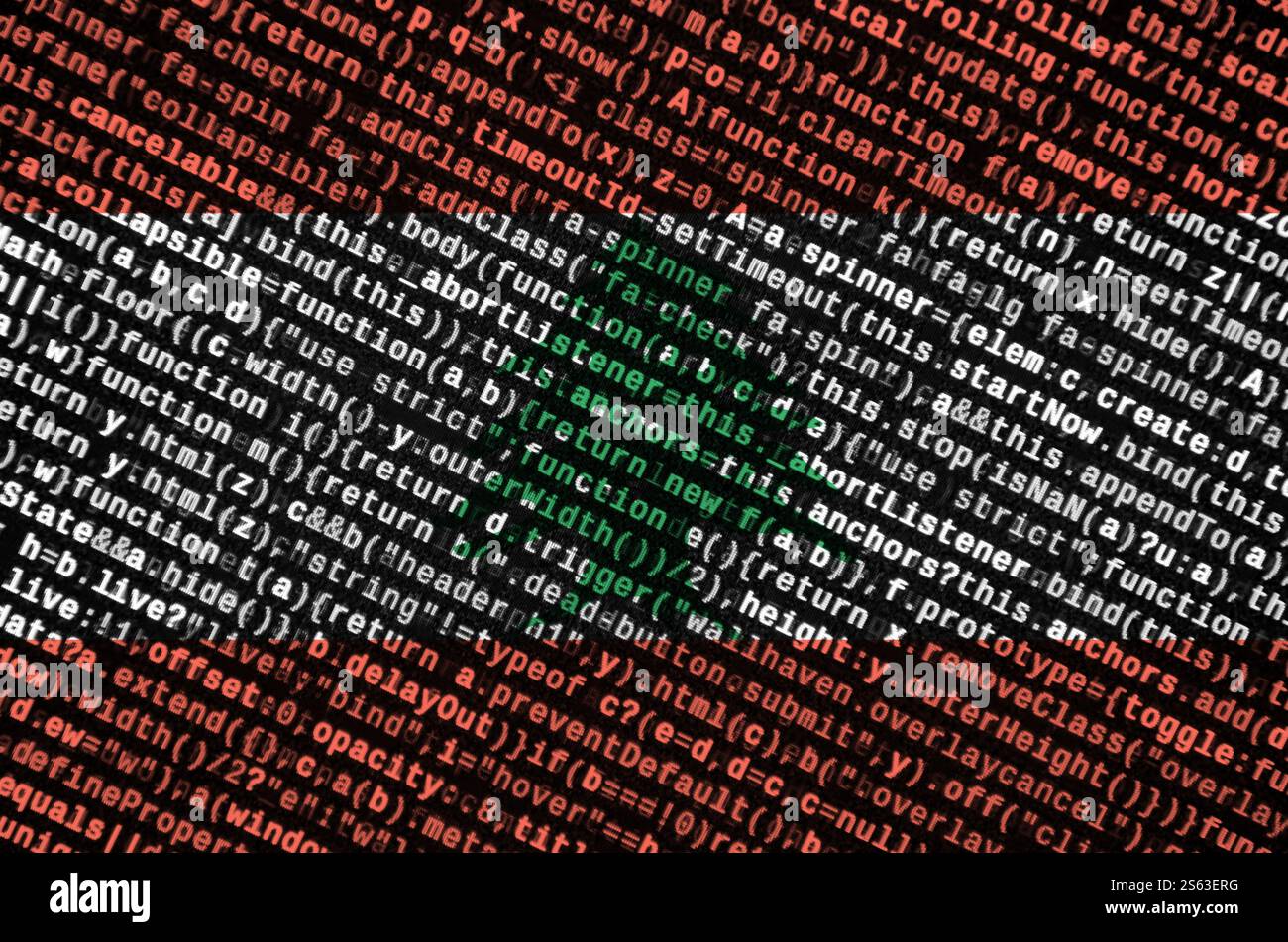 Lebanon flag is depicted on the screen with the program code. The concept of modern technology and site development. Lebanon flag is depicted on the Stock Photo
