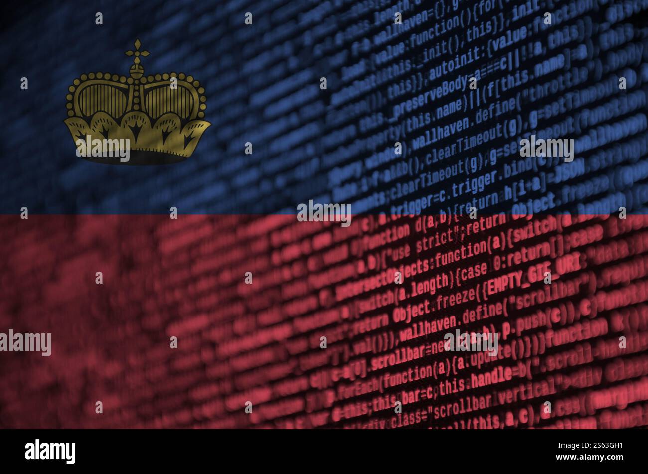 Liechtenstein flag is depicted on the screen with the program code. The concept of modern technology and site development. Liechtenstein flag is Stock Photo