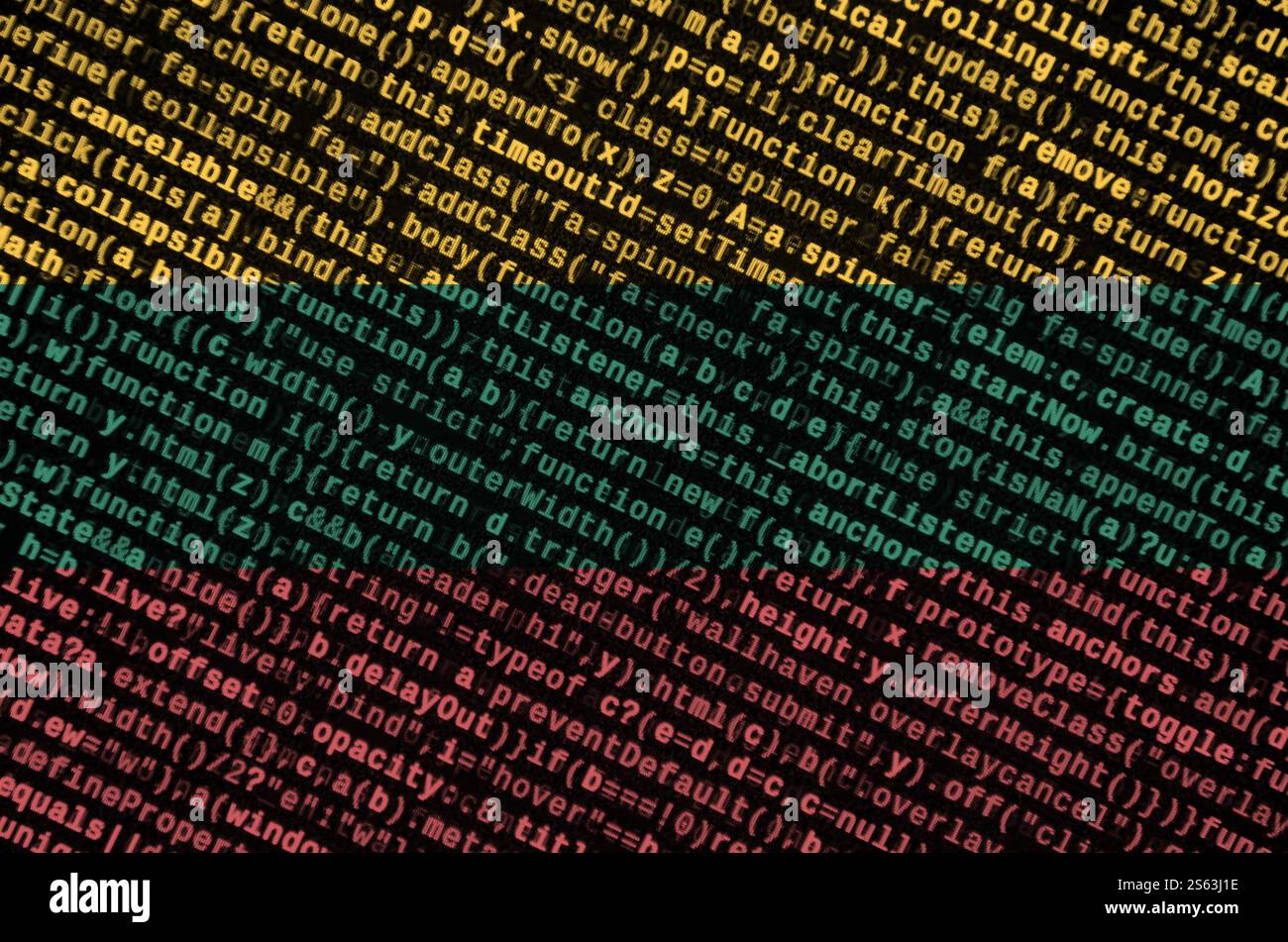 Lithuania flag is depicted on the screen with the program code. The concept of modern technology and site development. Lithuania flag is depicted on Stock Photo