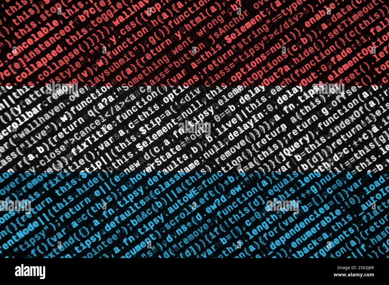 Luxembourg flag is depicted on the screen with the program code. The concept of modern technology and site development. Luxembourg flag is depicted Stock Photo