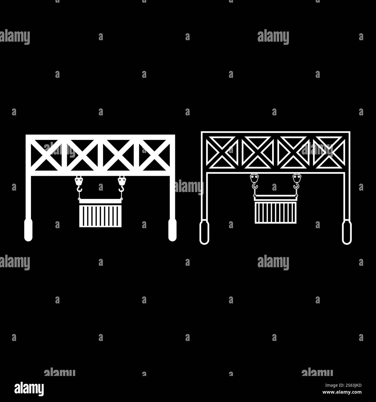 Port loader Railway crane with cargo container Lifting goods Logistic technology Terminal service icon outline set white color vector illustration flat style simple image. Port loader Railway crane with cargo container Lifting goods Logistic technology Terminal service icon outline set white color vector illustration flat style image Stock Vector