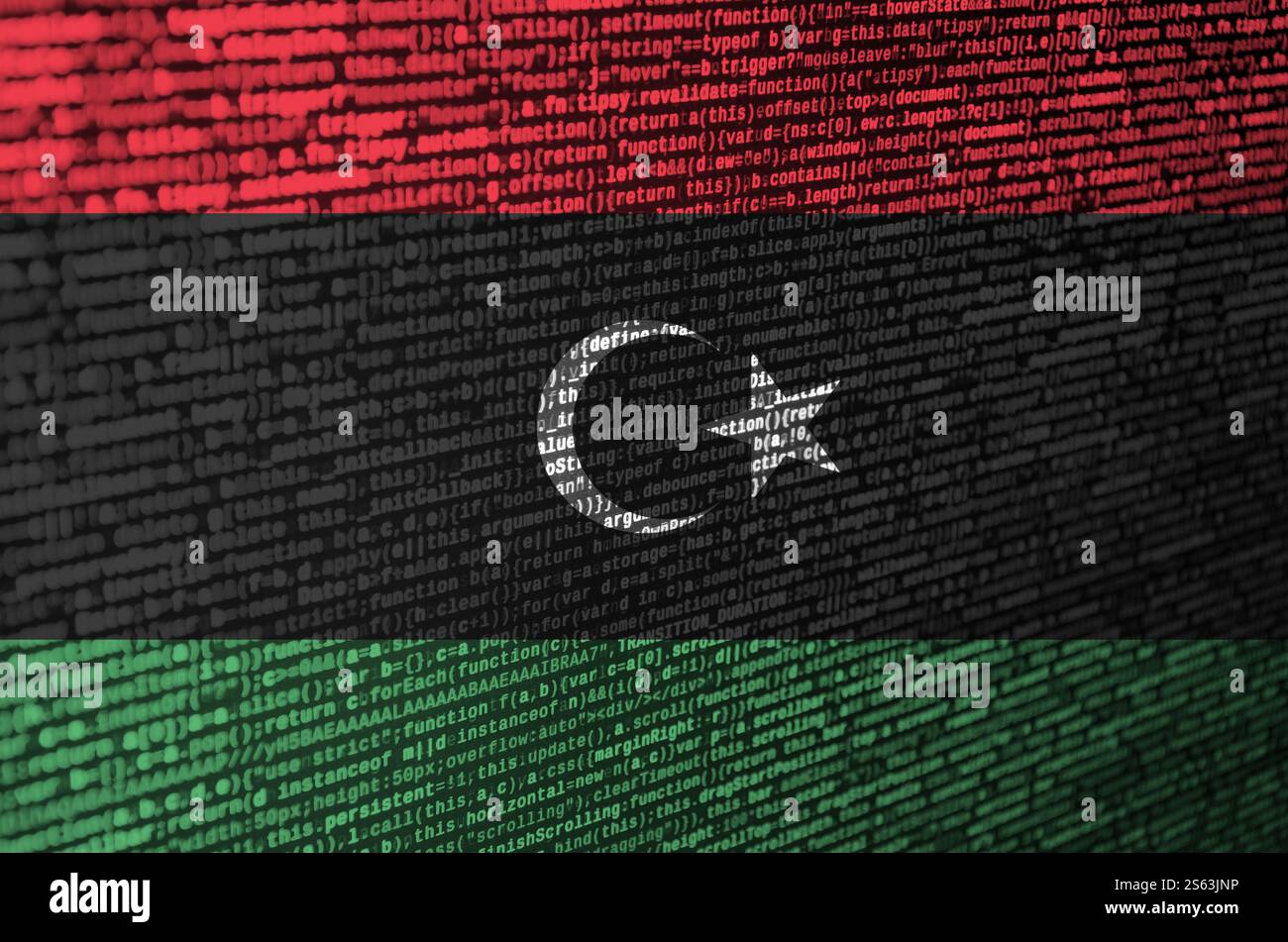 Libya flag is depicted on the screen with the program code. The concept of modern technology and site development. Libya flag is depicted on the Stock Photo