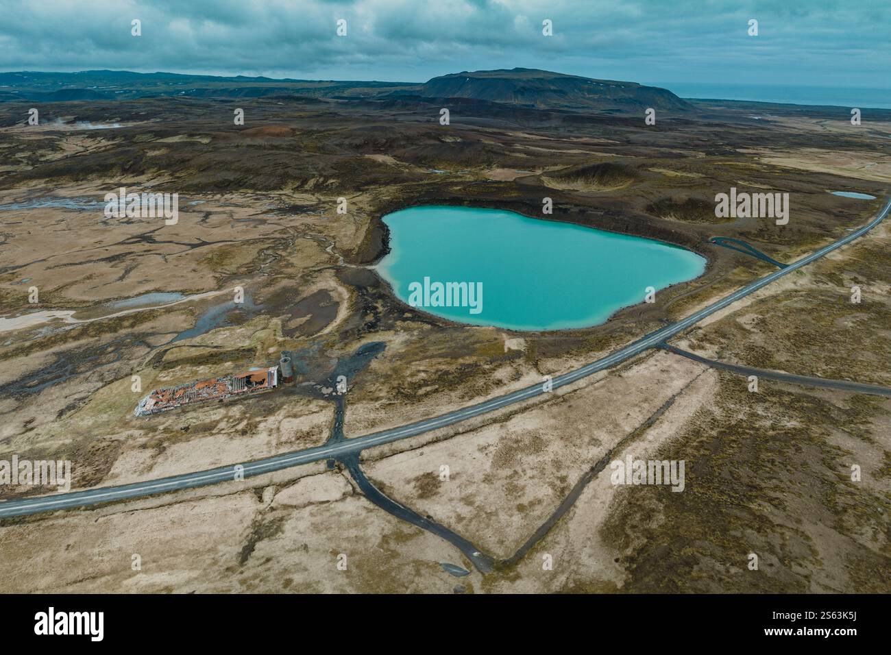 Aerial view of Gígvatnsvatn Lake with its striking turquoise water ...